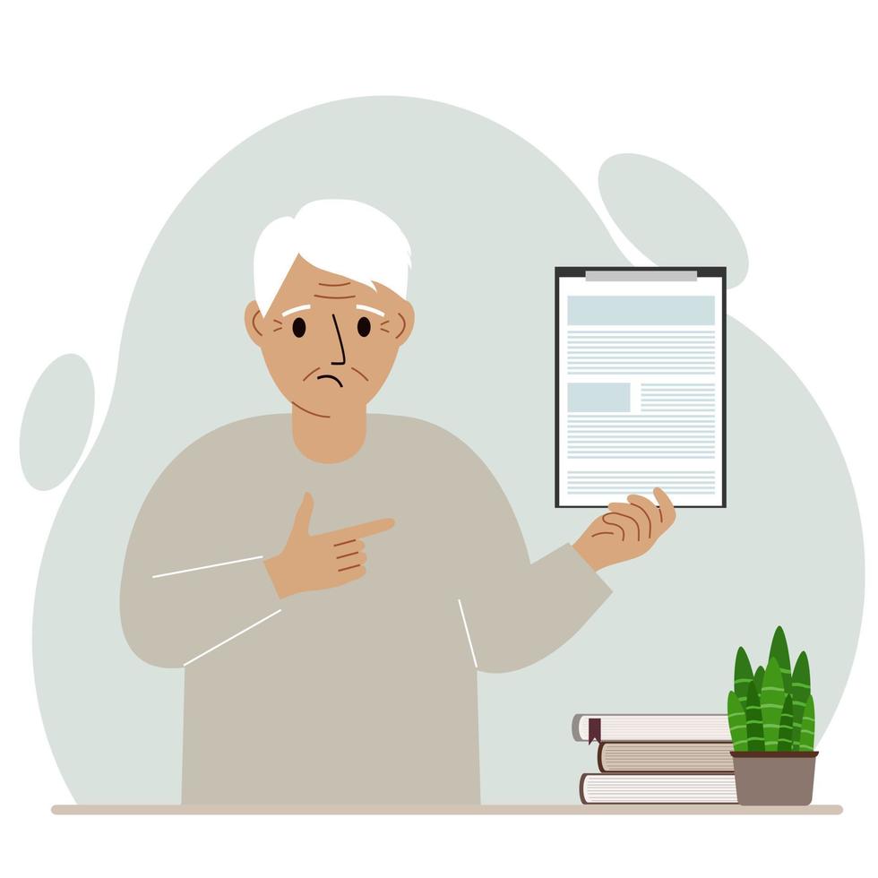 el abuelo triste sostiene un portapapeles con un documento y lo señala con el dedo. ilustración plana vectorial vector