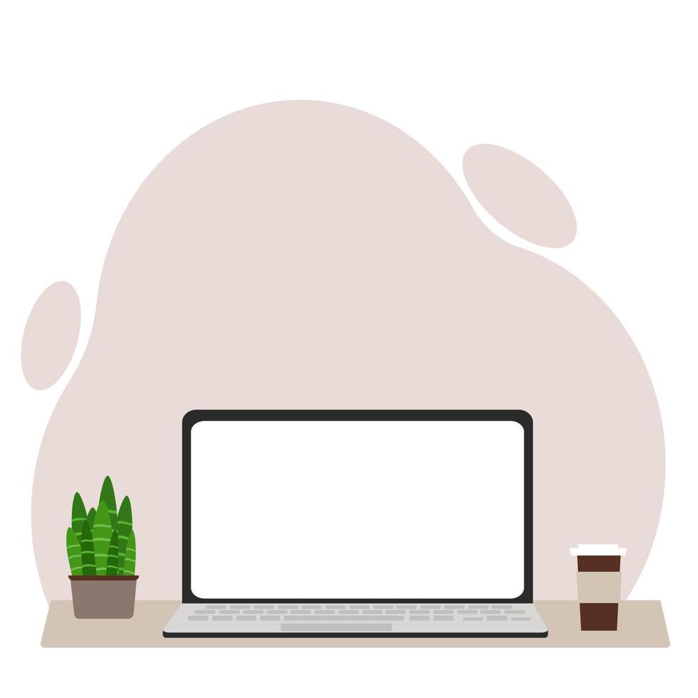 The desktop concept with the computer. Desktop with laptop coffee and plant. Vector flat illustration