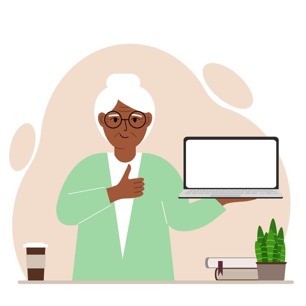 A grandmother holds a laptop computer on his hand and shows a thumbs up sign. Laptop computer technology concept. Vector flat illustration.