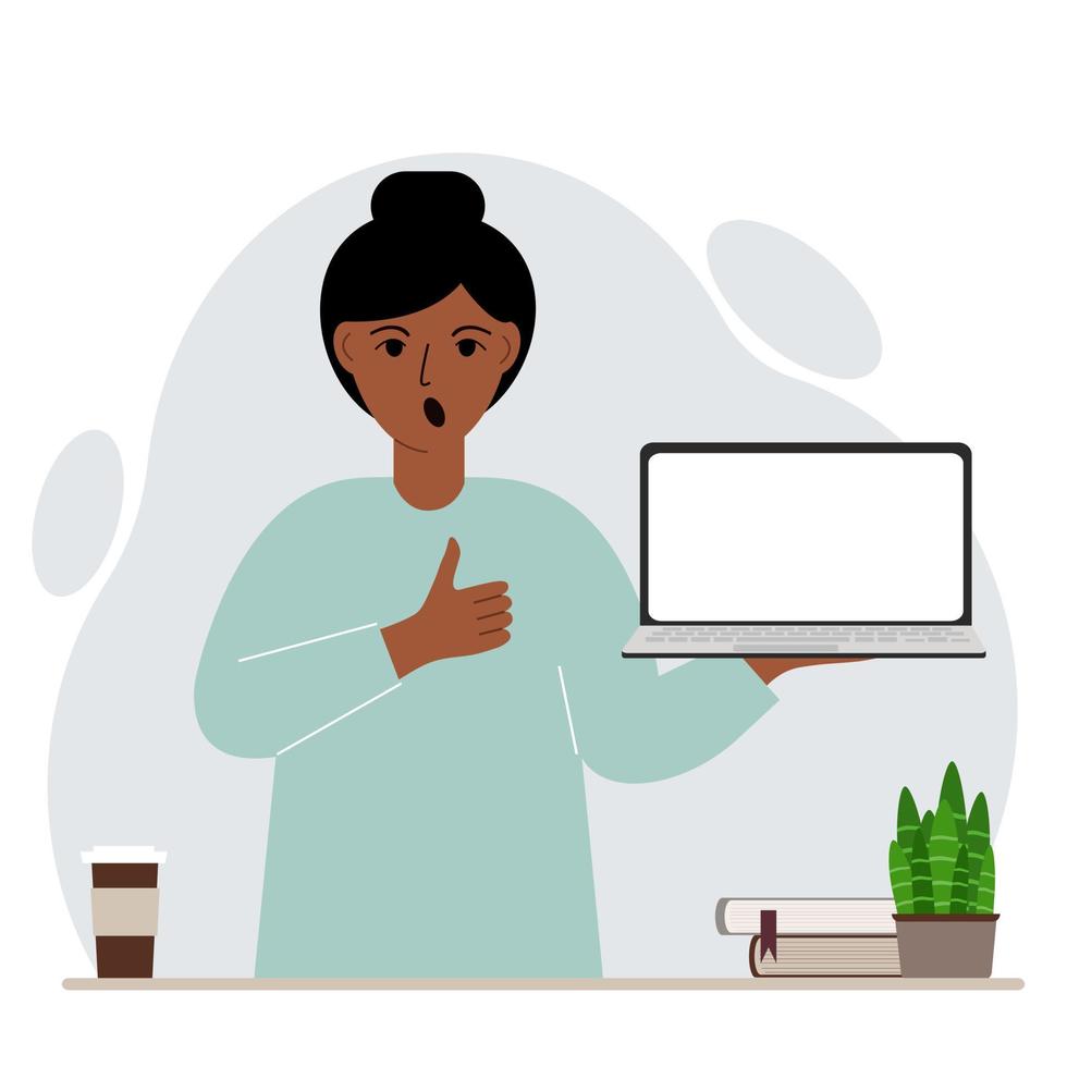 A woman holds a laptop computer on his hand and shows a thumbs up sign. Laptop computer technology concept. Vector flat illustration.