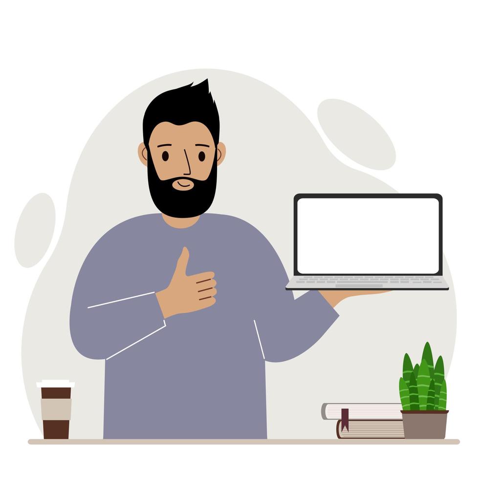 A man holds a laptop computer on his hand and shows a thumbs up sign. Laptop computer technology concept. Vector flat illustration.