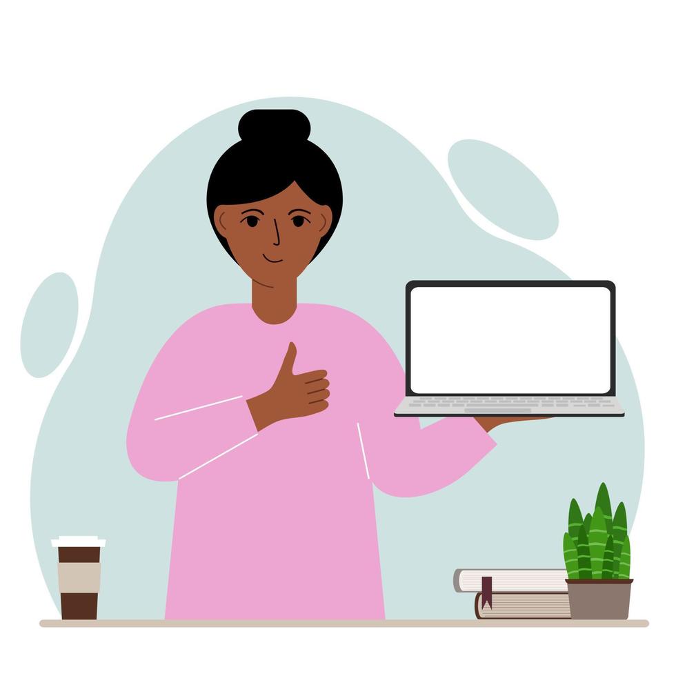 A woman holds a laptop computer on his hand and shows a thumbs up sign. Laptop computer technology concept. Vector flat illustration.