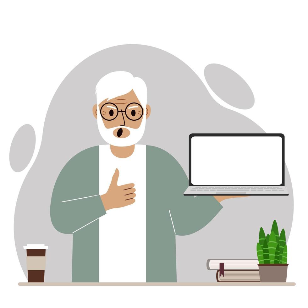 A grandfather holds a laptop computer on his hand and shows a thumbs up sign. Laptop computer technology concept. Vector flat illustration.