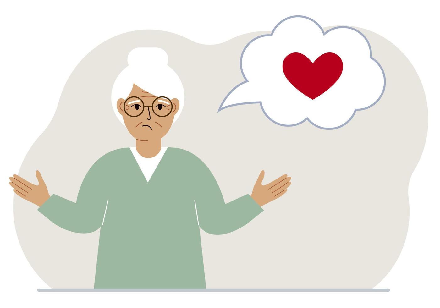 Sad grandmother thinks about love. In the balloon of thought is a red heart. Vector flat illustration