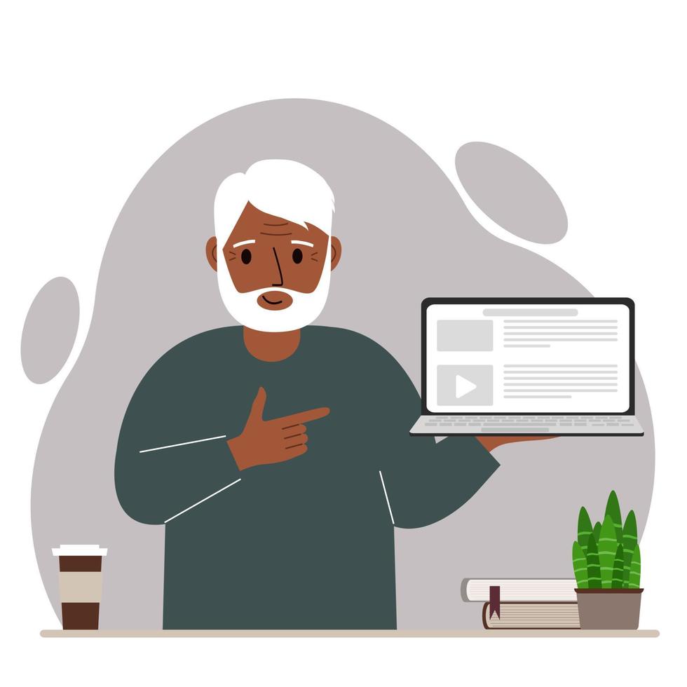 Happy grandfather holding a laptop computer with one hand and pointing at it with the other. Laptop computer technology concept. Vector flat illustration