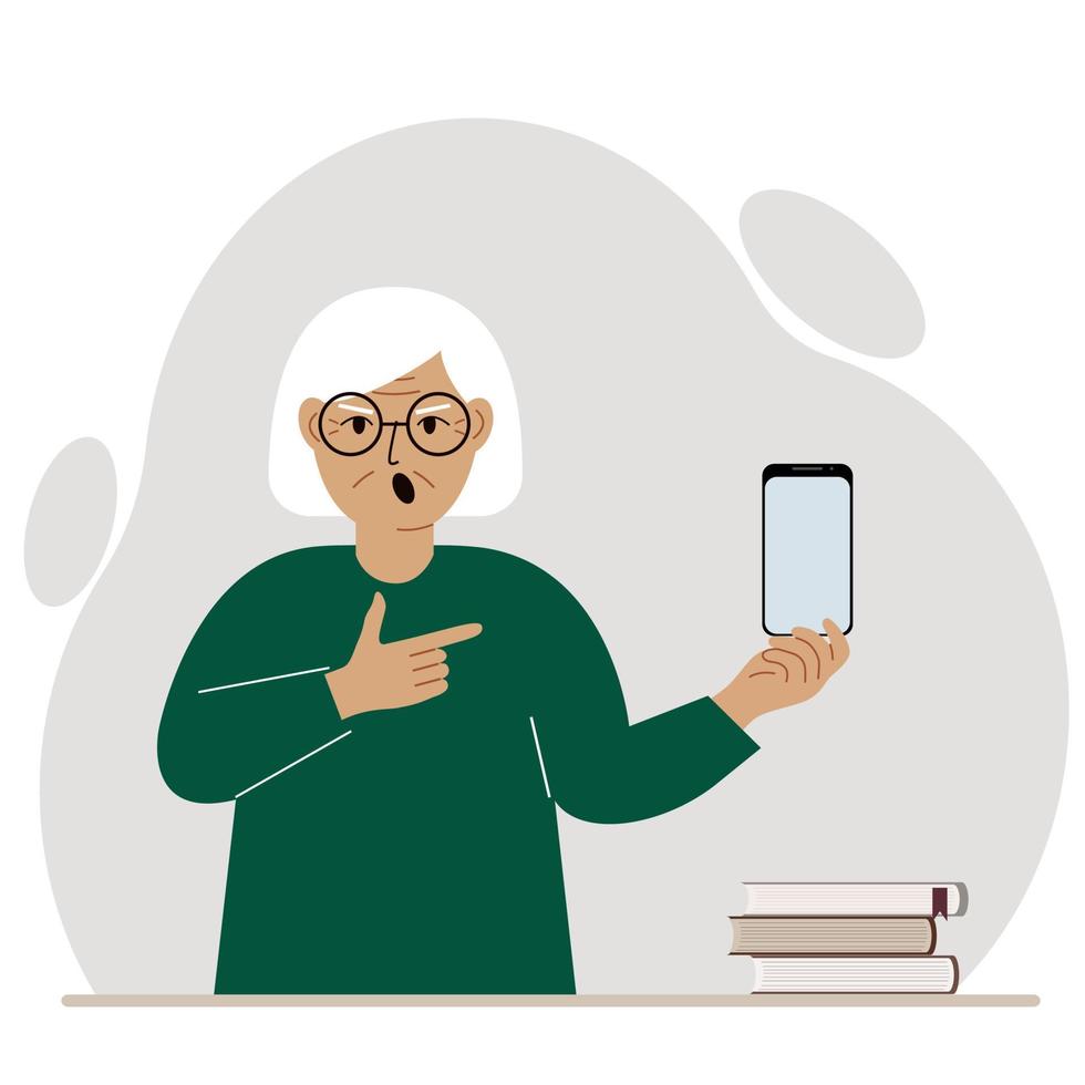 A screaming grandmother holds a mobile phone in one hand and points at it with the index finger of his other hand. Vector flat illustration