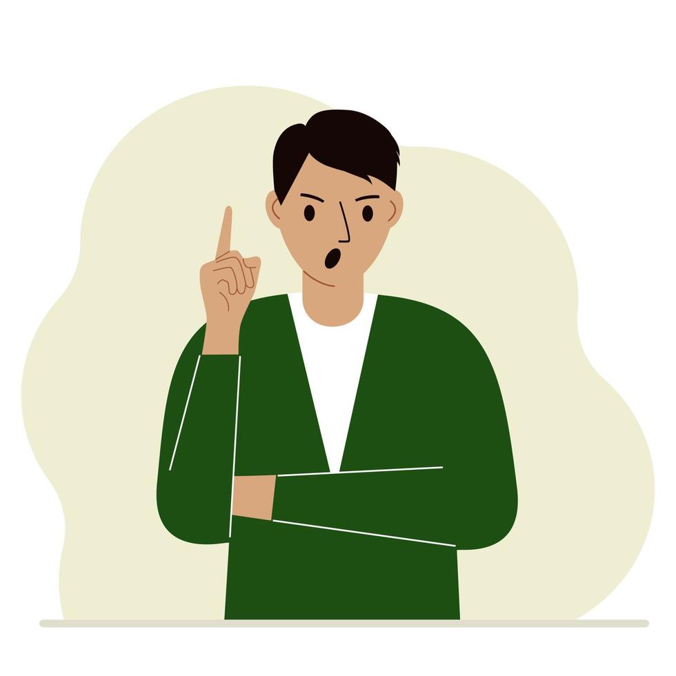 Screaming man holding his index finger up. Vector flat illustration