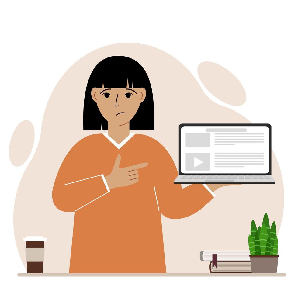 Sad woman holding a laptop computer with one hand and pointing at it with the other. Laptop computer technology concept. Vector flat illustration