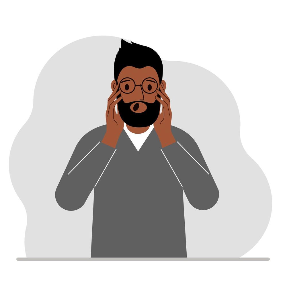 The unhappy man screams, clutching his head with his hands. Emotions and body language concept. Stress, tension and migraine concept. Vector flat illustration