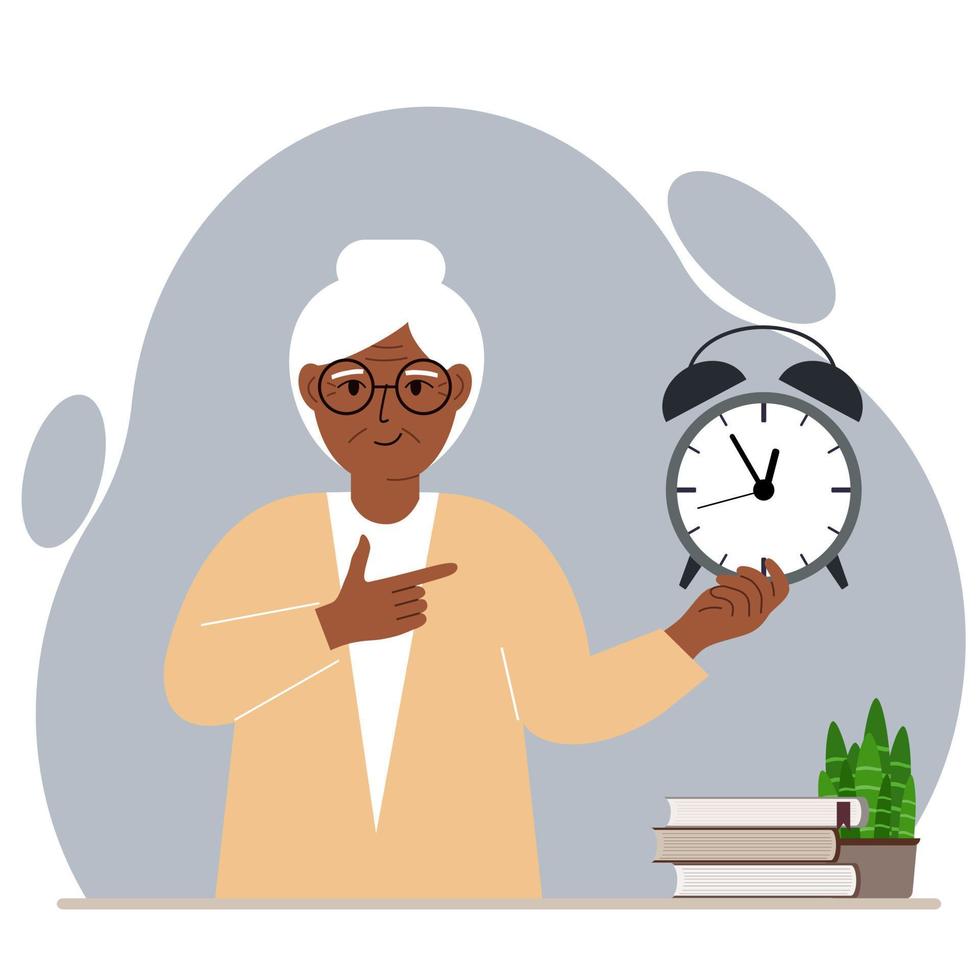 Modern concept of time management illustration. A smiling grandmother holds an alarm clock in his hand and the second points to it. Vector flat illustration