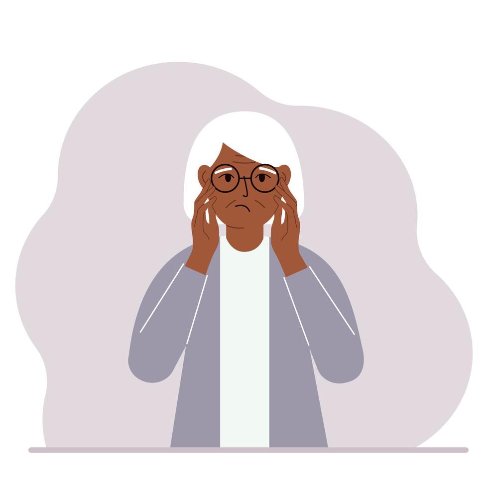Unhappy grandmother clutching his head with his hands. Emotions and body language concept. Stress, tension and migraine concept. Vector flat illustration