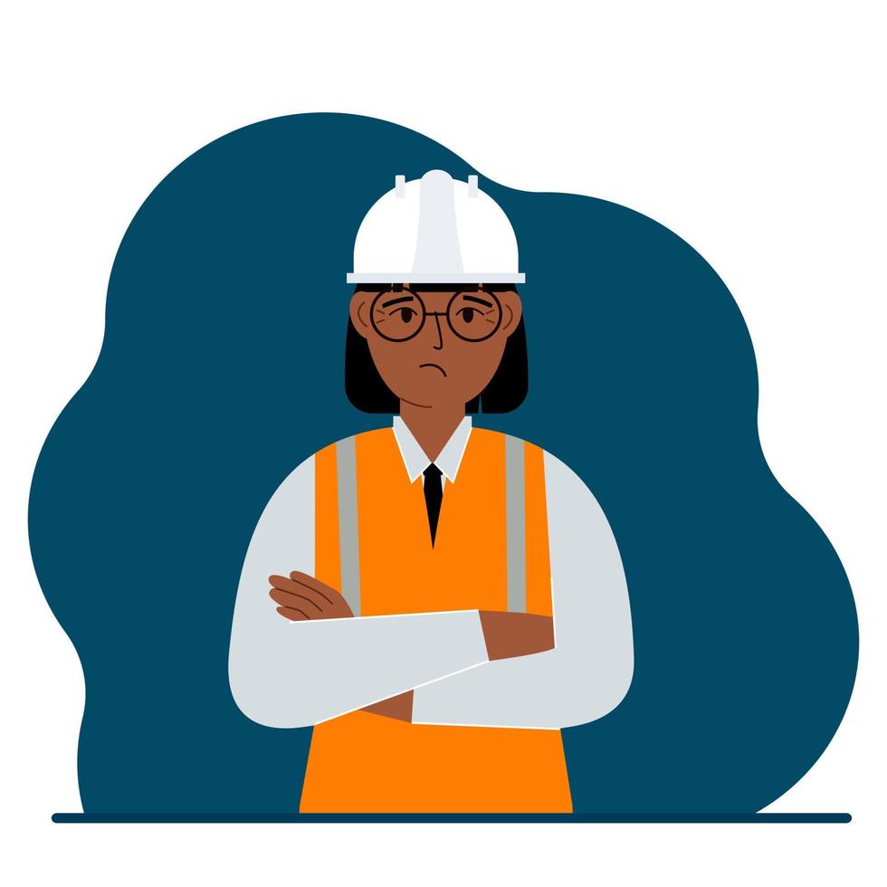 Sad woman construction worker in a white helmet and an orange vest. Engineer. Vector flat illustration