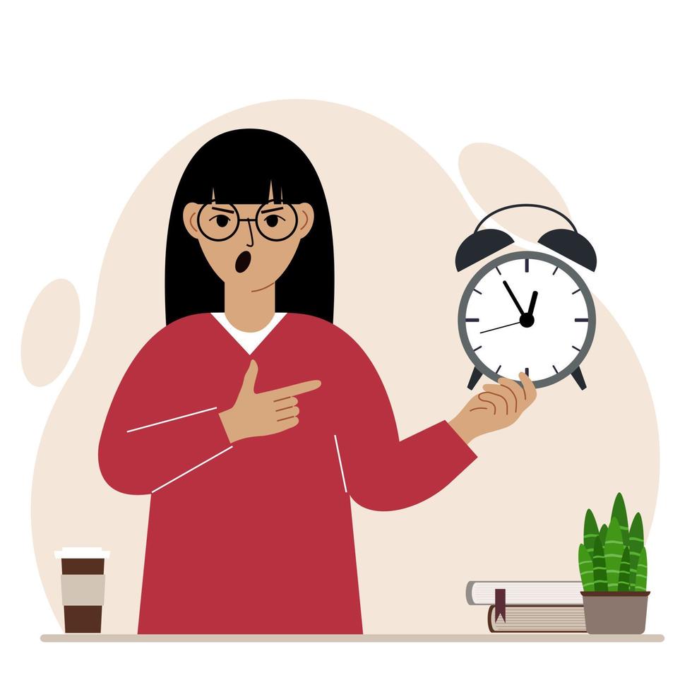 Modern concept of time management illustration. A screaming woman holds an alarm clock in his hand and the second points to it. Vector flat illustration