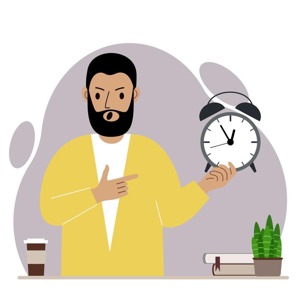 Modern concept of time management illustration. A screaming man holds an alarm clock in his hand and the second points to it. Vector flat illustration