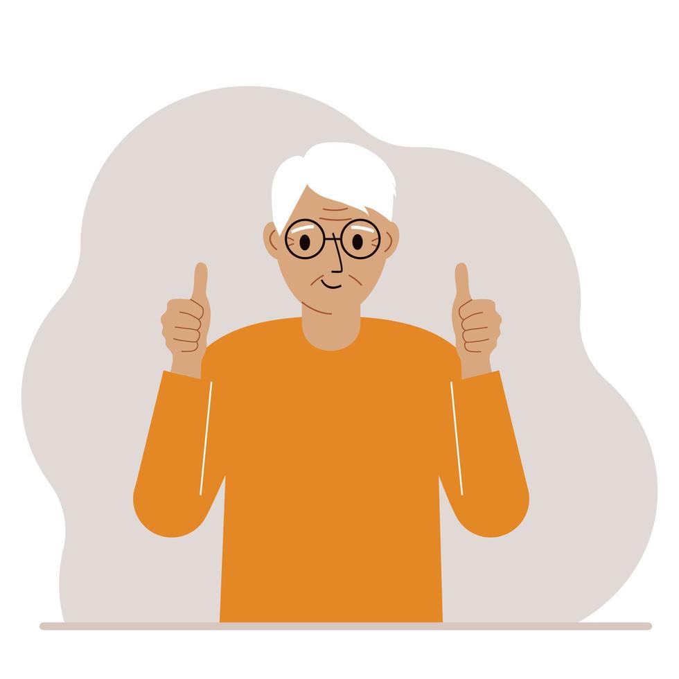 Joyful grandfather, with two hands shows a thumbs up sign everything is okay. Make, consent, approval, success. Vector flat illustration
