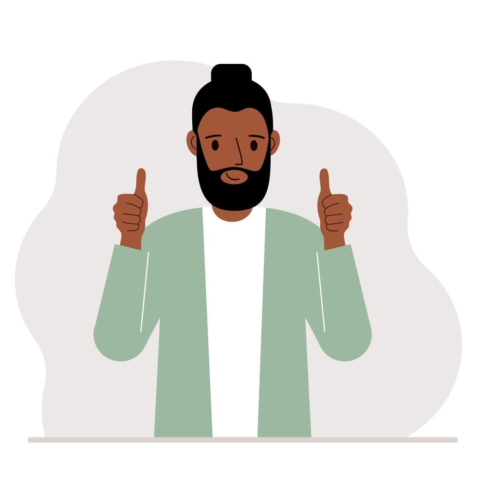 Joyful man, with two hands shows a thumbs up sign everything is okay. Make, consent, approval, success. Vector flat illustration
