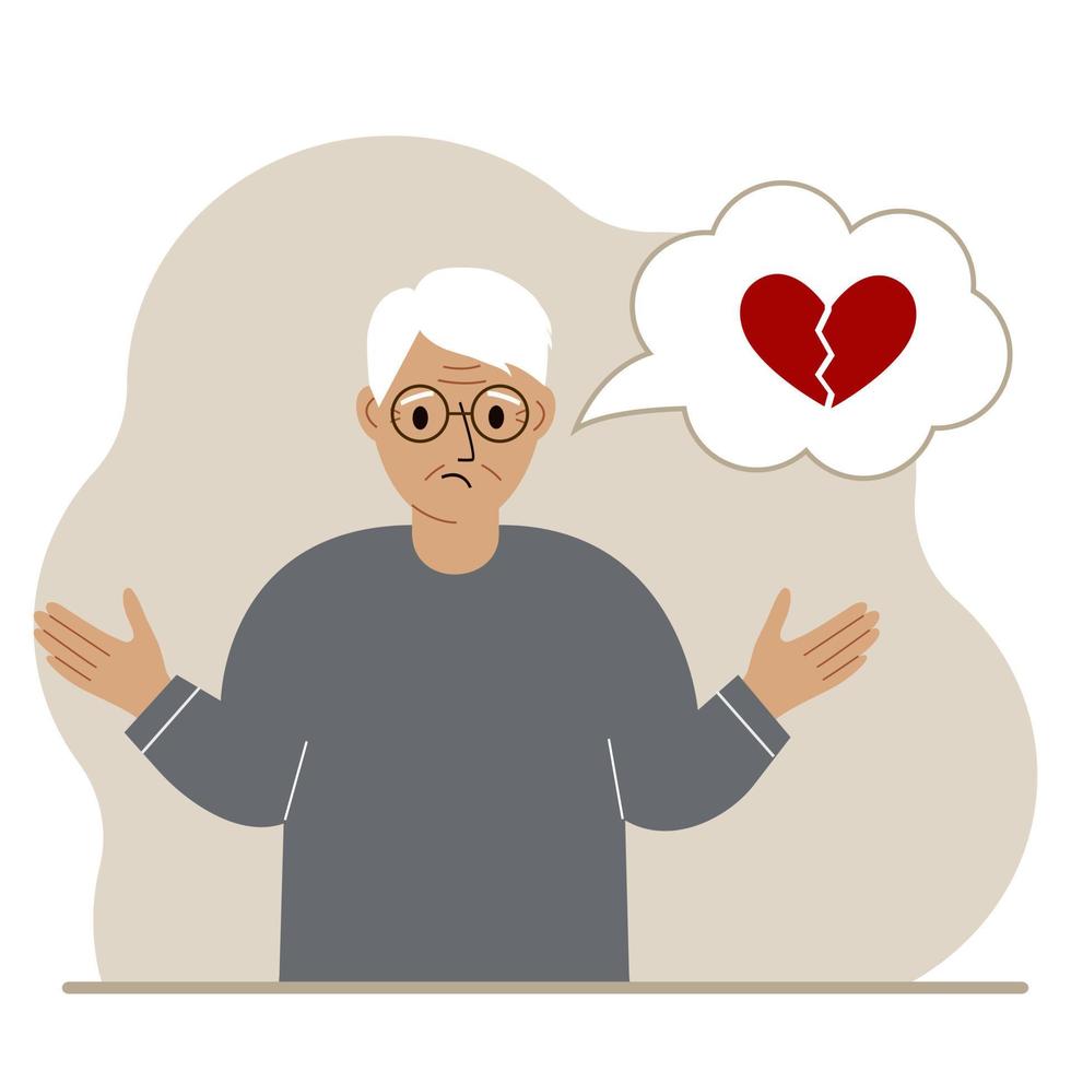 Sad grandfather thinks about love. In a balloon of thought, a red broken heart. The concept of parting and not shared love. Vector flat illustration