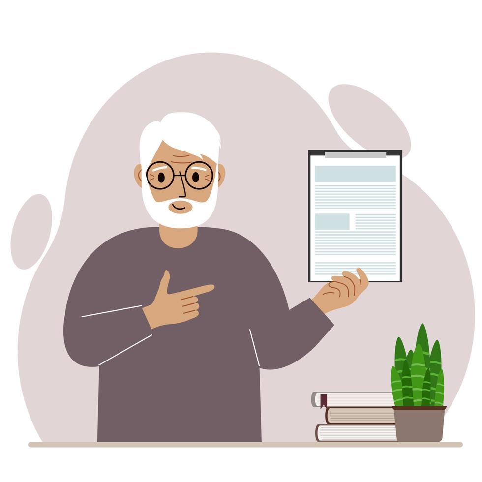 Contented man holding a clipboard with a document and points his finger at it. Vector flat illustration