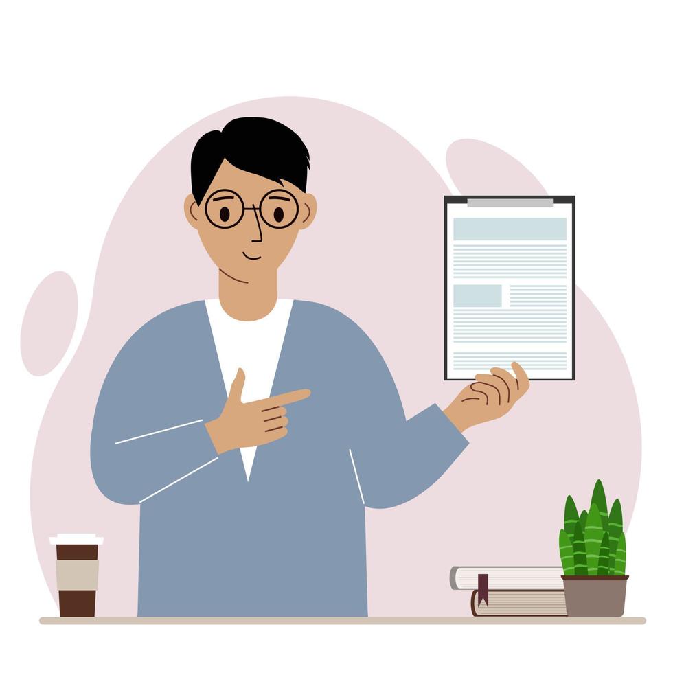 Contented man holding a clipboard with a document and points his finger at it. Vector flat illustration