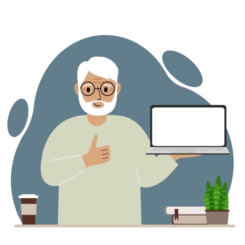 A grandfather holds a laptop computer on his hand and shows a thumbs up sign. Laptop computer technology concept. Vector flat illustration.