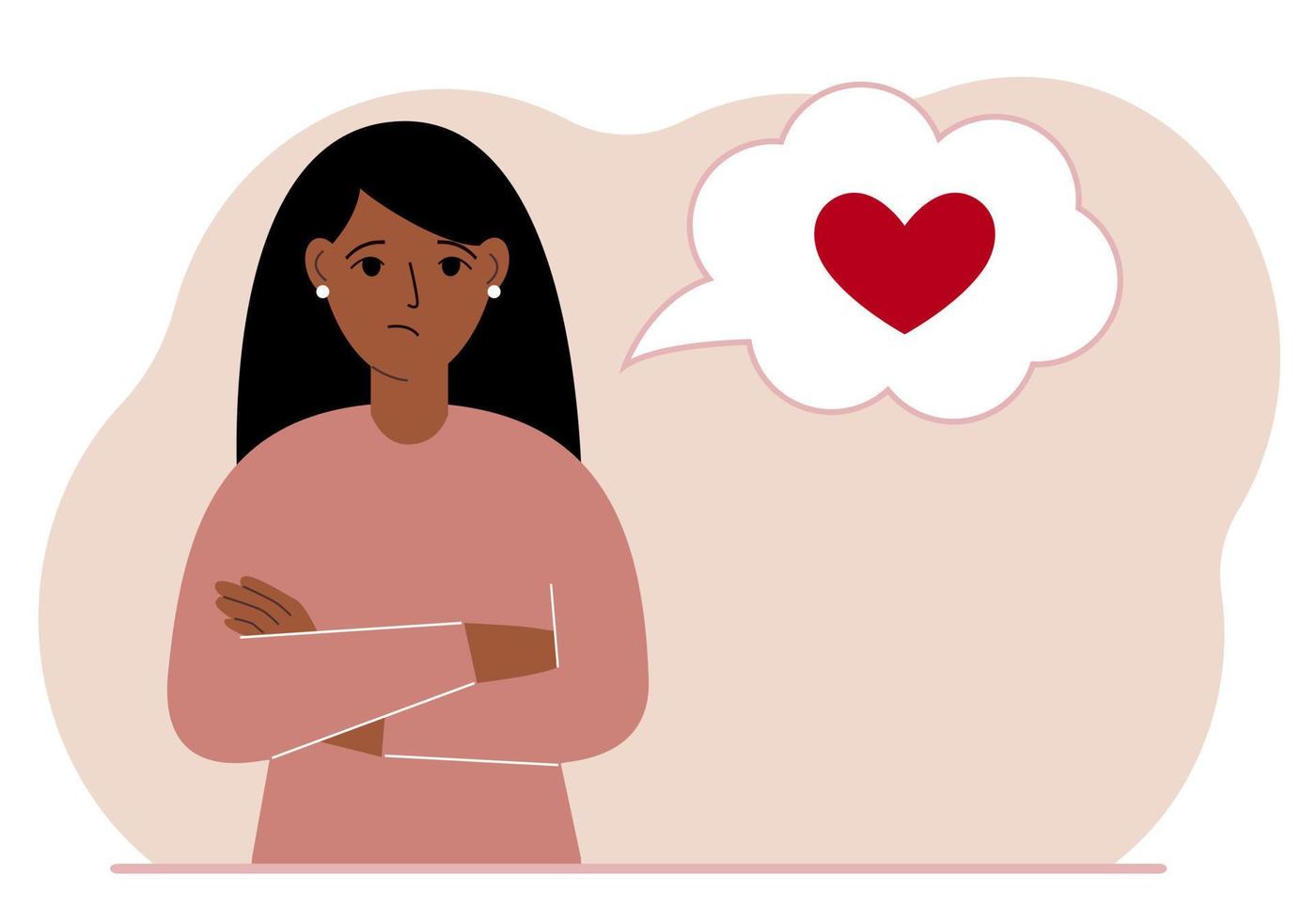 Sad woman thinks about love. In the balloon of thought is a red heart. Vector flat illustration