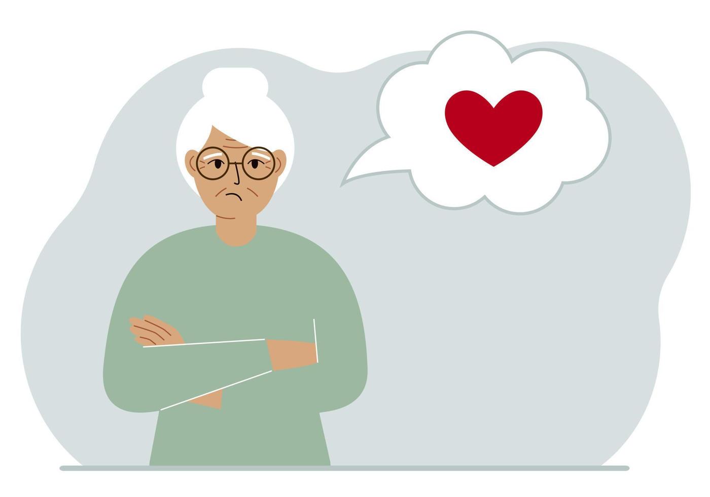 la abuela triste piensa en el amor. en el globo del pensamiento hay un corazón rojo. ilustración plana vectorial vector