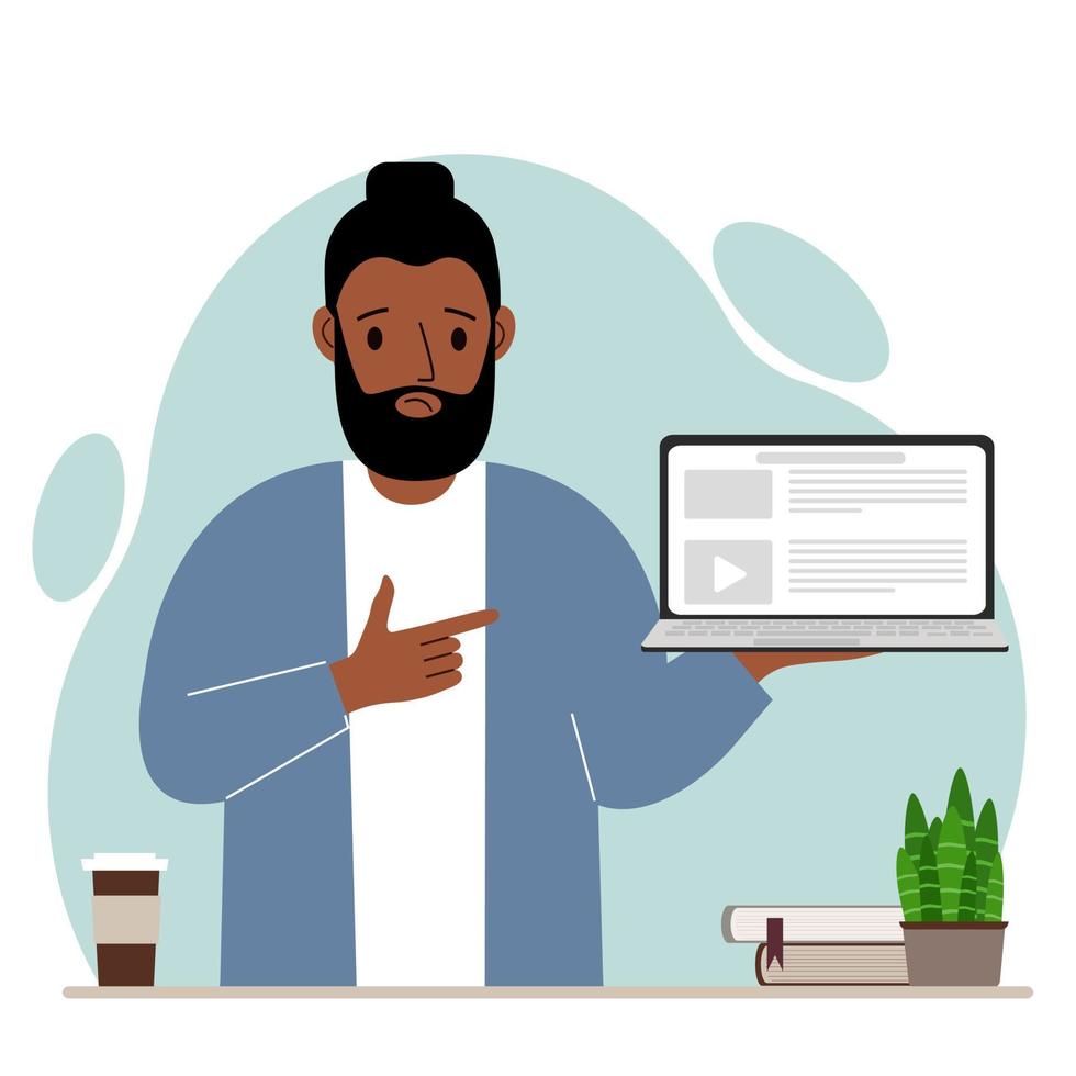 Sad man holding a laptop computer with one hand and pointing at it with the other. Laptop computer technology concept. Vector flat illustration