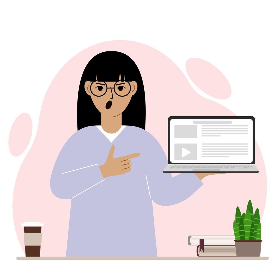 Screaming woman holding a laptop computer with one hand and pointing at it with the other. Laptop computer technology concept. Vector flat illustration
