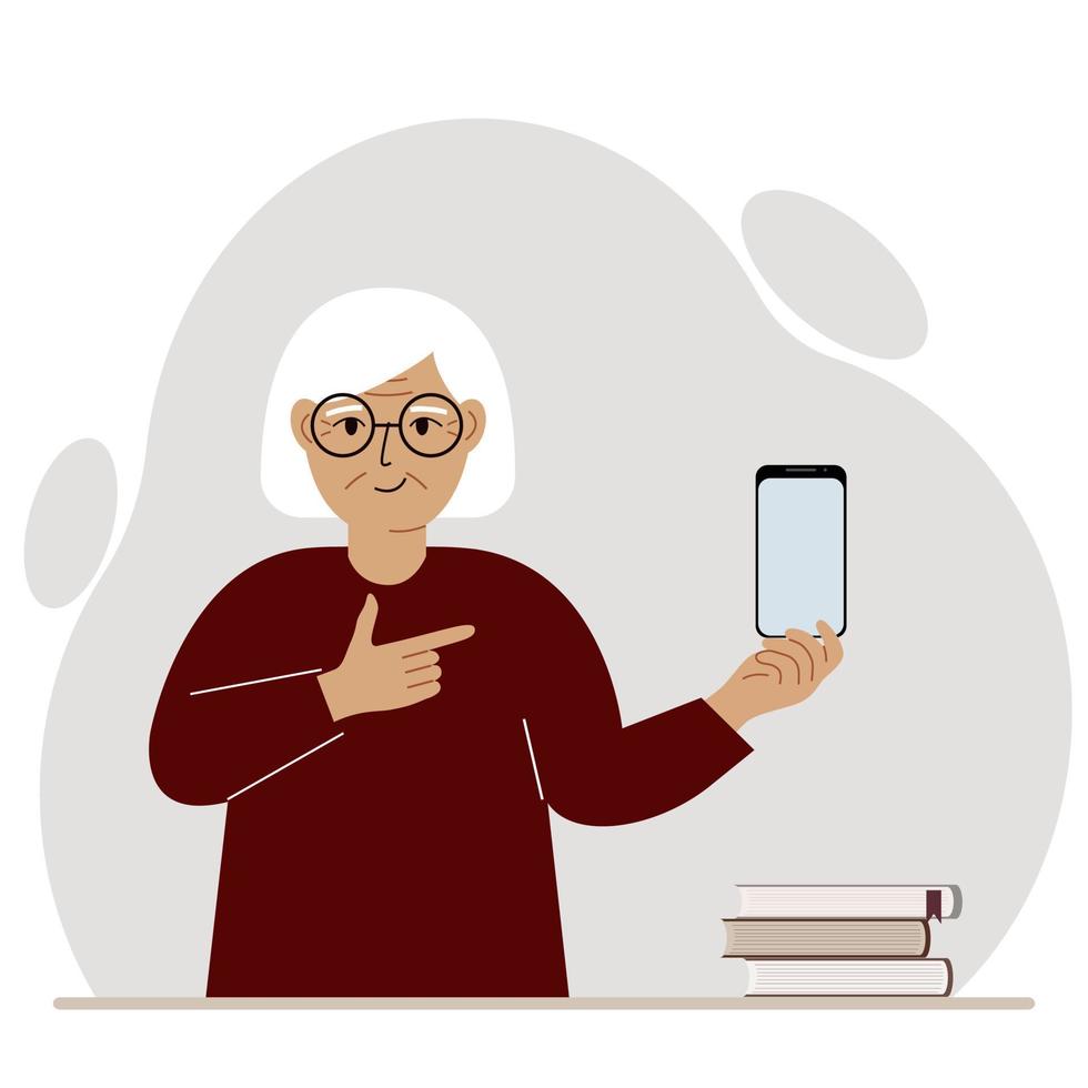 A happy grandmother holds a mobile phone in one hand and points at it with the index finger of his other hand. Vector flat illustration