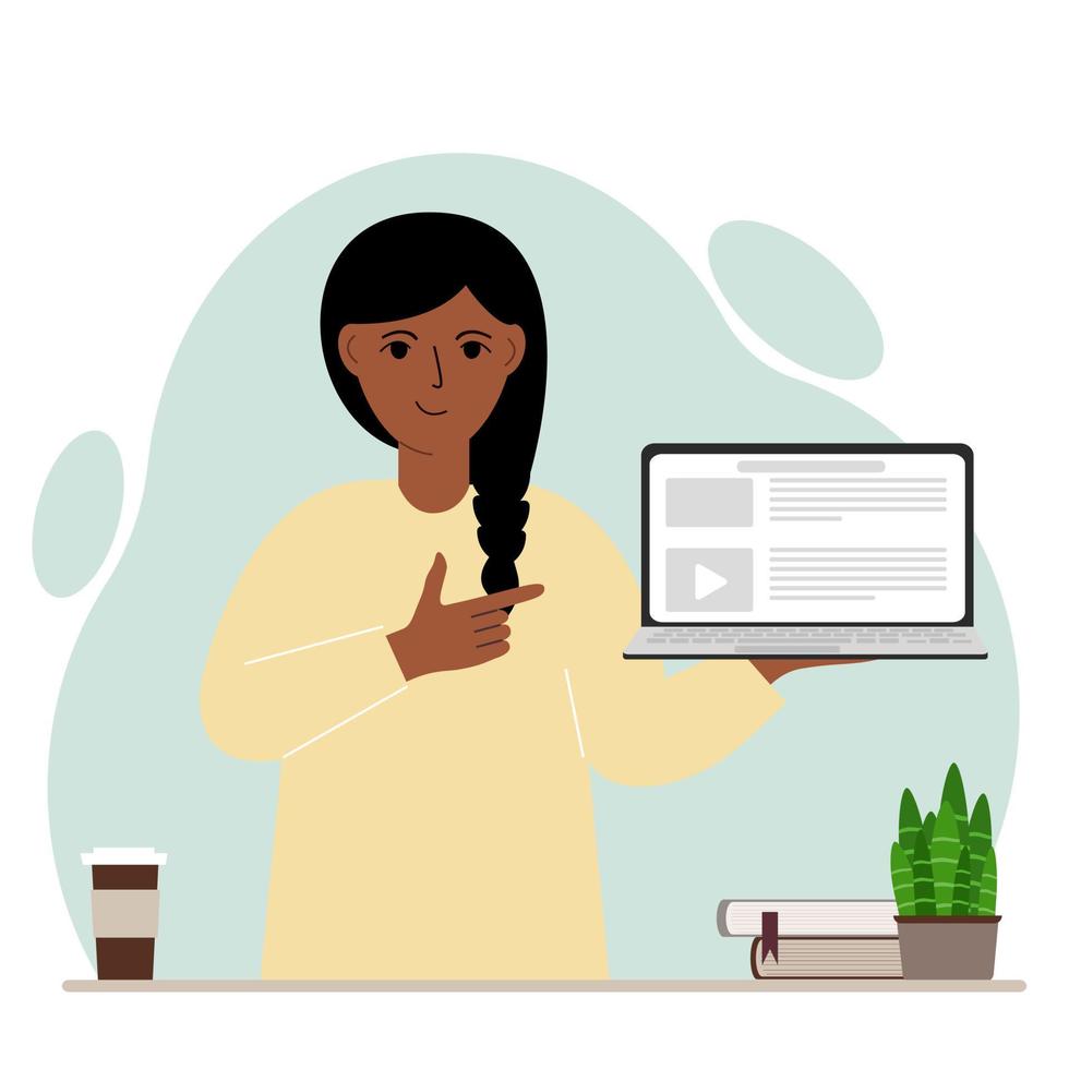 Happy woman holding a laptop computer with one hand and pointing at it with the other. Laptop computer technology concept. Vector flat illustration