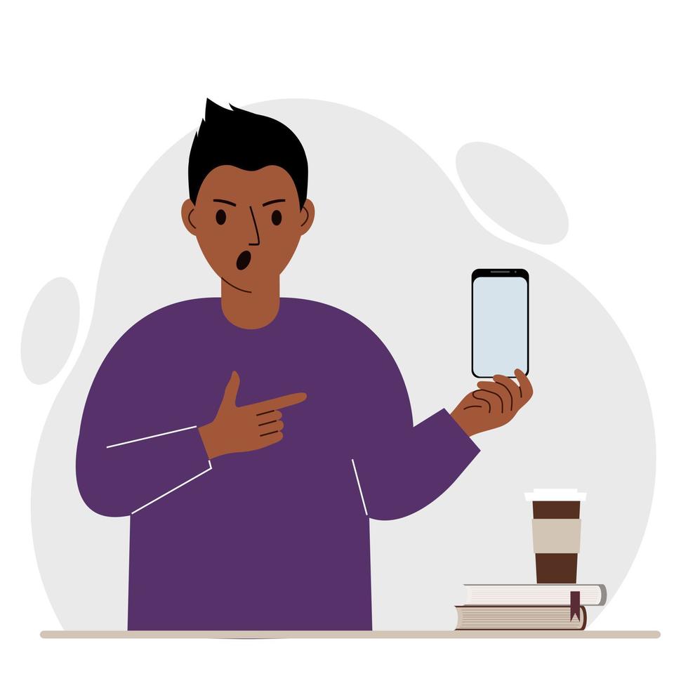 A screaming man holds a mobile phone in one hand and points at it with the index finger of his other hand. Vector flat illustration