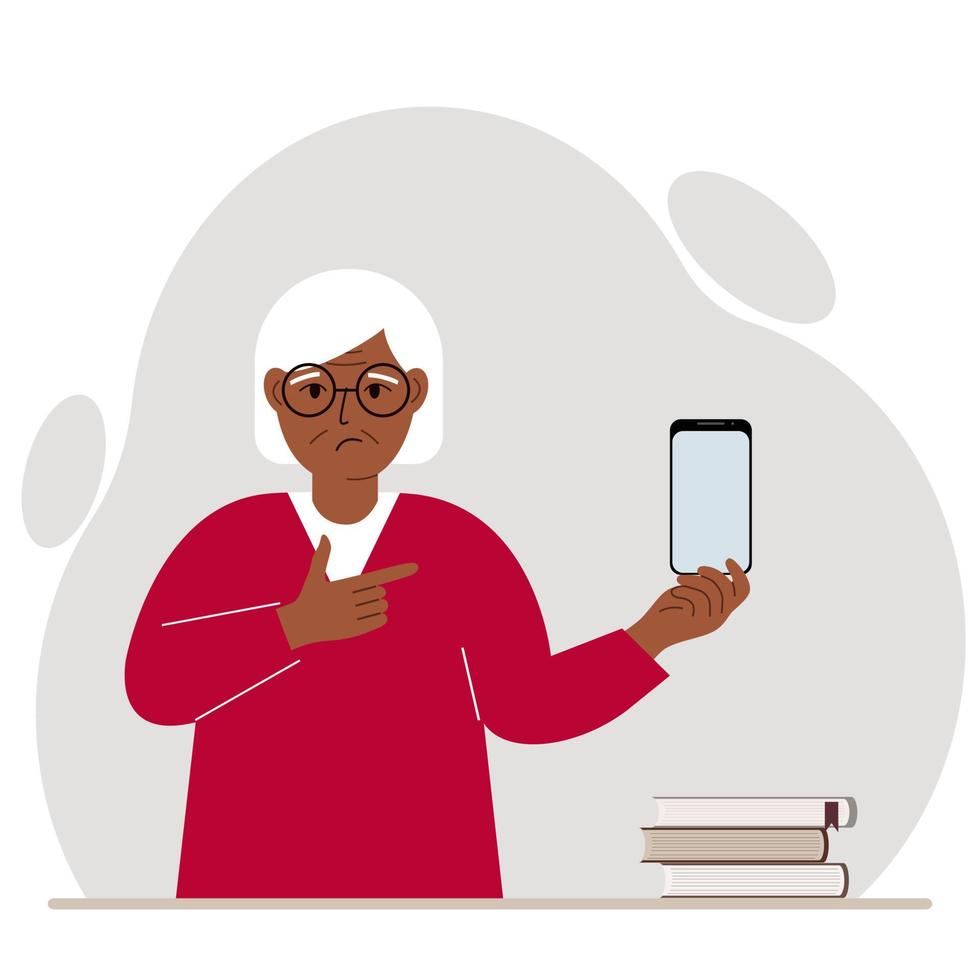 A sad grandmother holds a mobile phone in one hand and points at it with the index finger of his other hand. Vector flat illustration