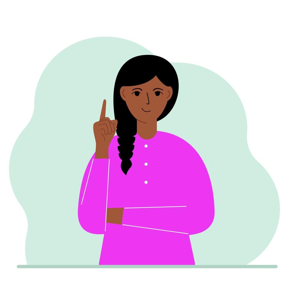 Happy woman holding his index finger up. Vector flat illustration