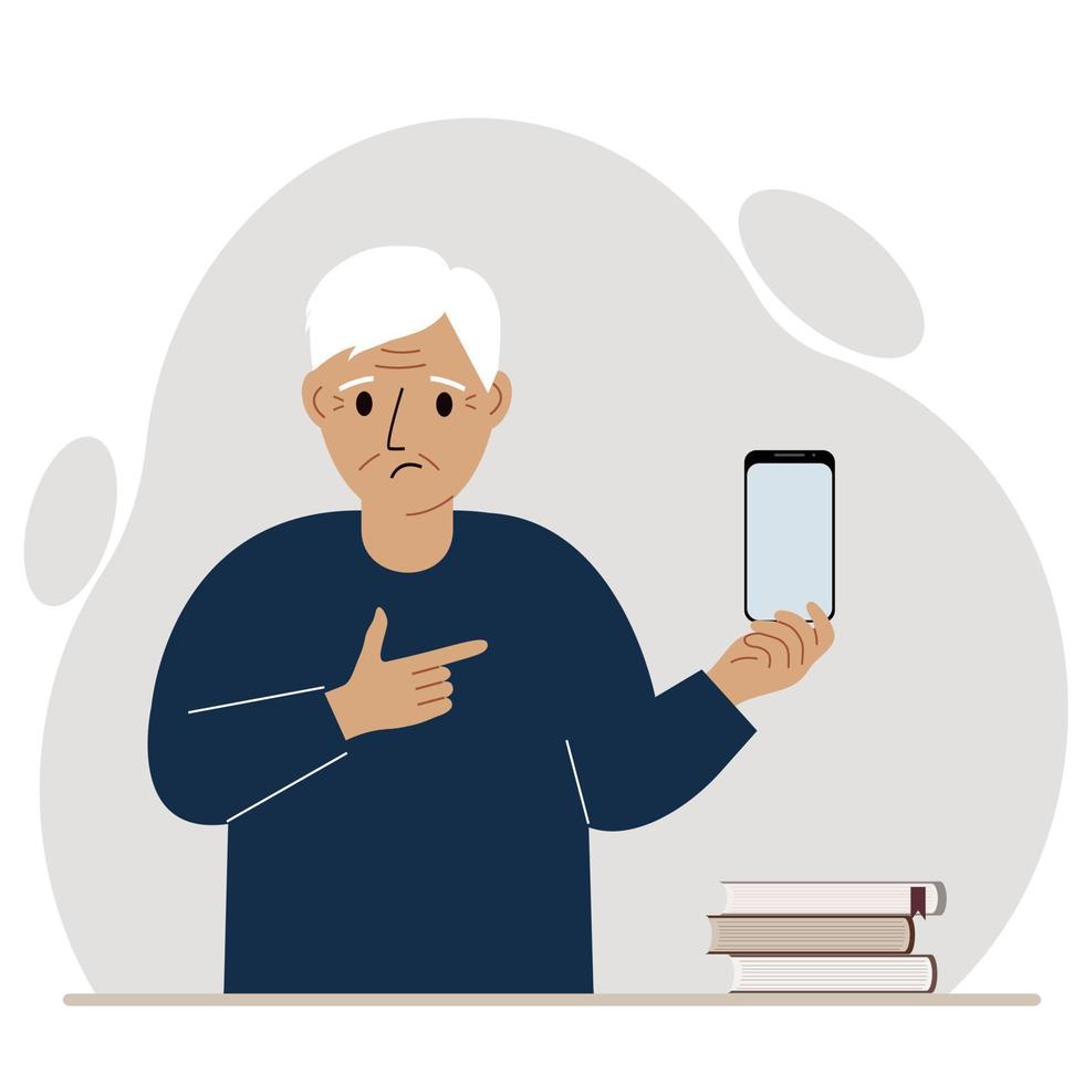 A sad grandfather holds a mobile phone in one hand and points at it with the index finger of his other hand. Vector flat illustration