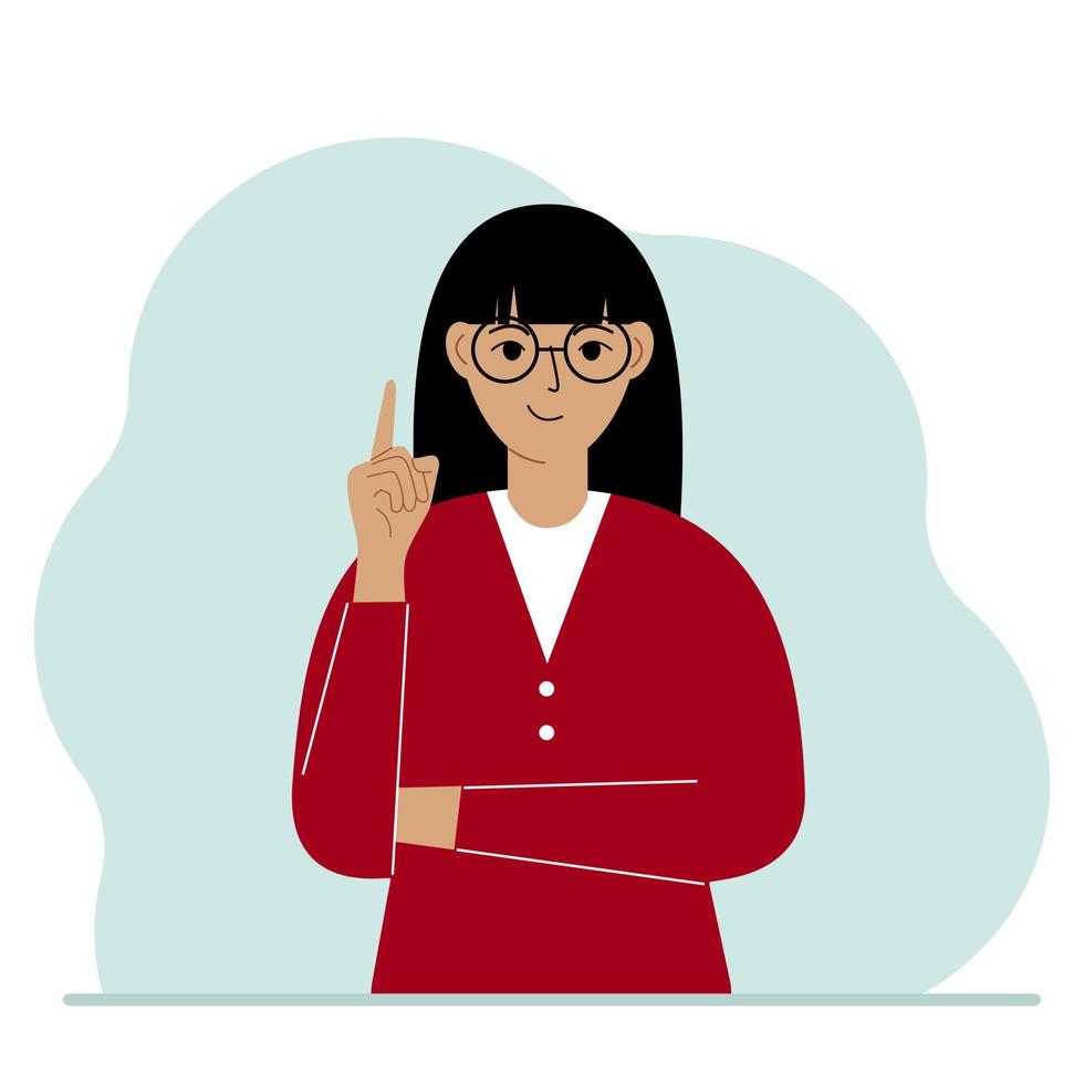 Happy woman holding his index finger up. Vector flat illustration