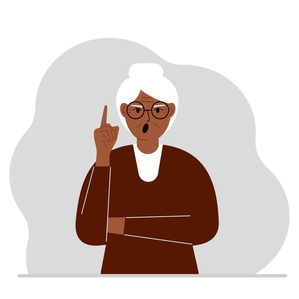 Screaming grandmother holding his index finger up. Vector flat illustration