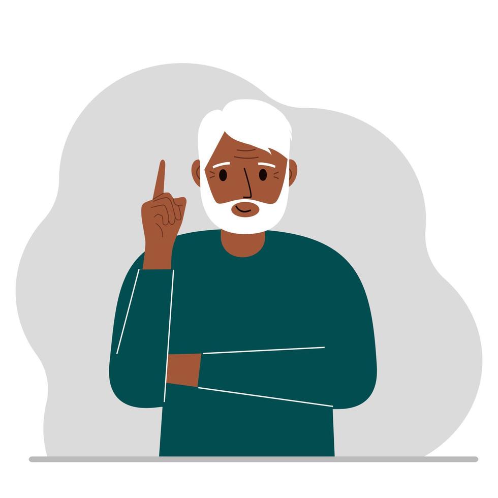 Happy grandfather holding his index finger up. Vector flat illustration