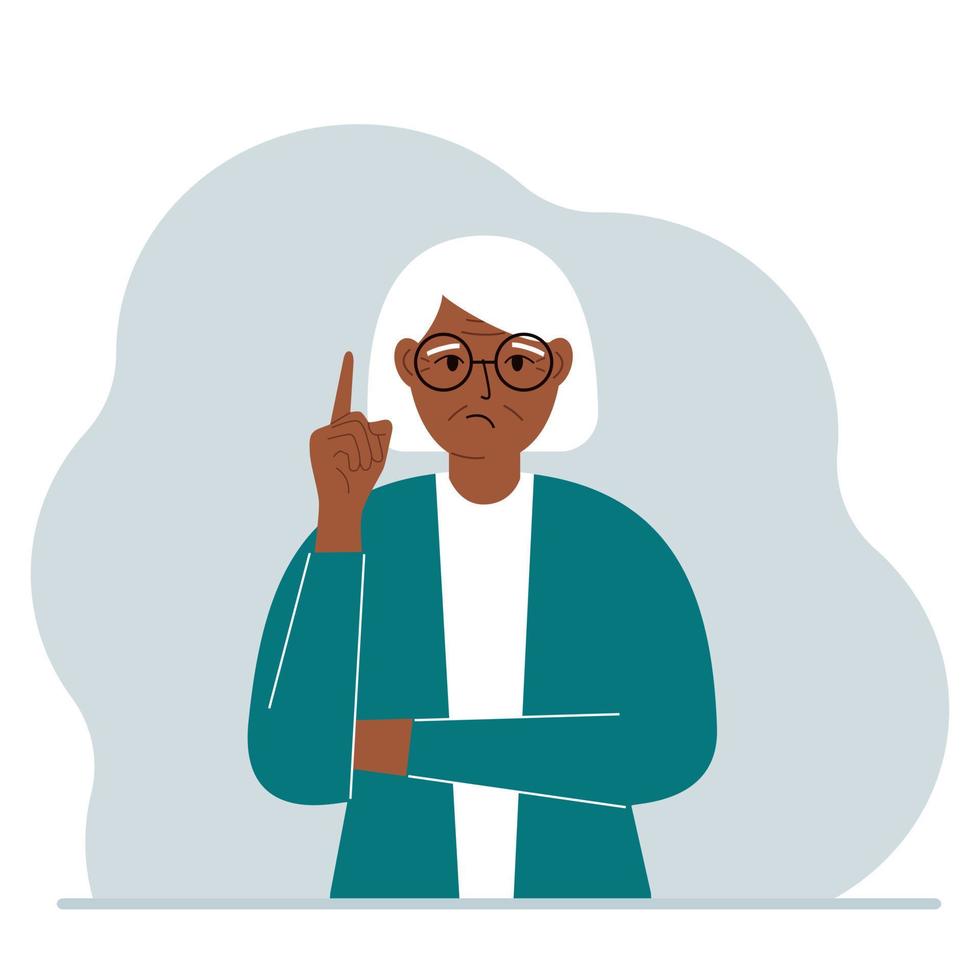 Sad grandmother holding his index finger up. Vector flat illustration