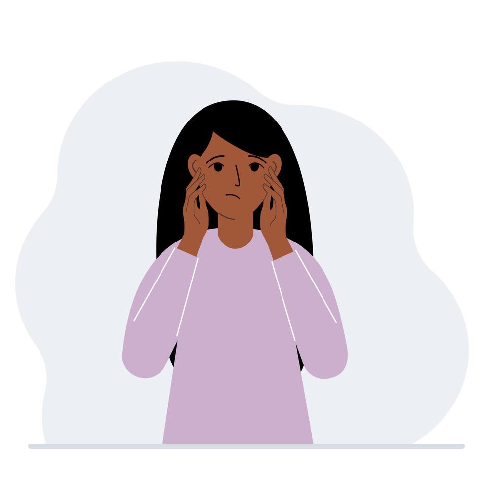 Unhappy woman clutching his head with his hands. Emotions and body language concept. Stress, tension and migraine concept. Vector flat illustration