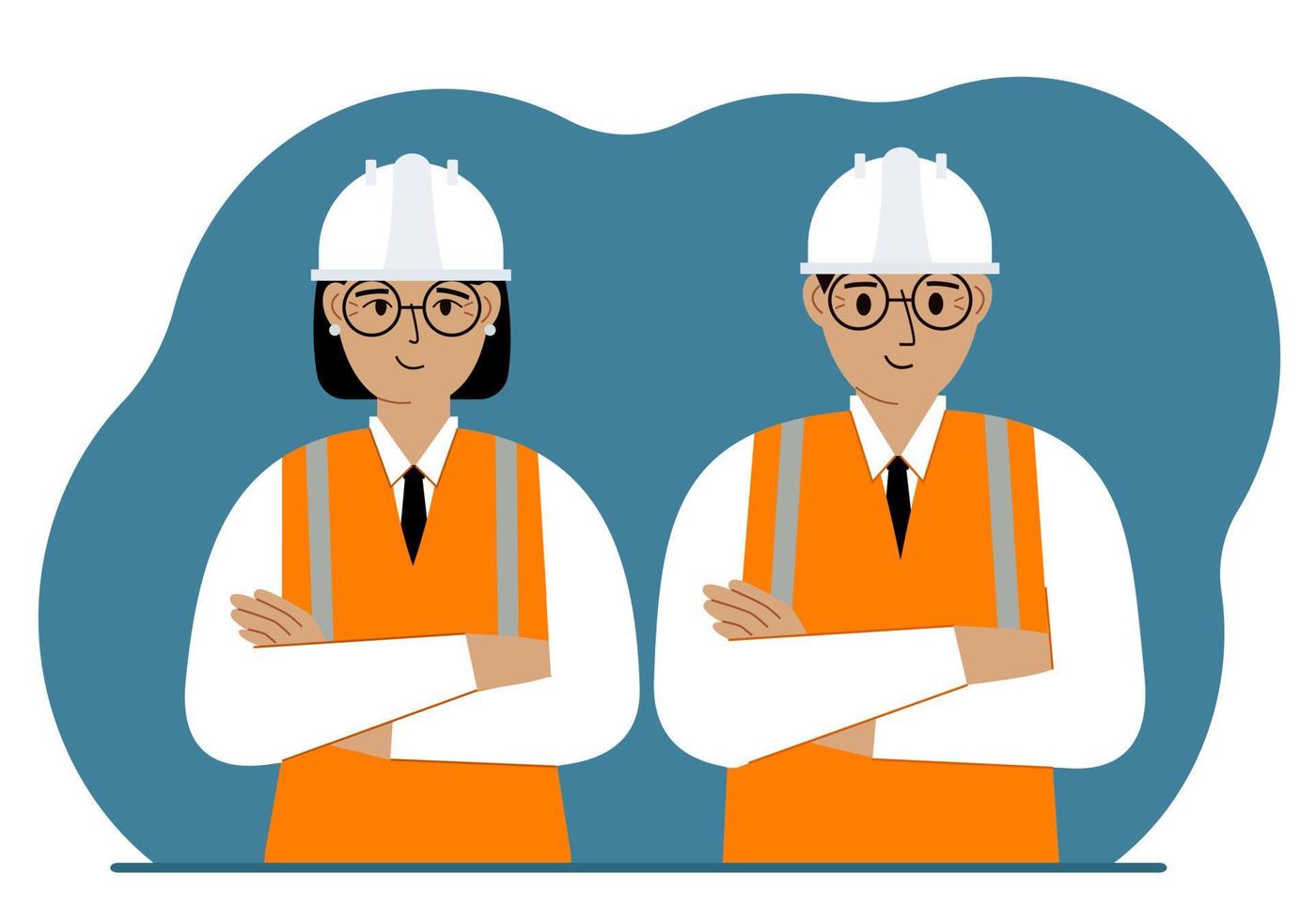 Smiling man and woman builders in white helmets and orange vests. Engineer and builders. Vector flat illustration