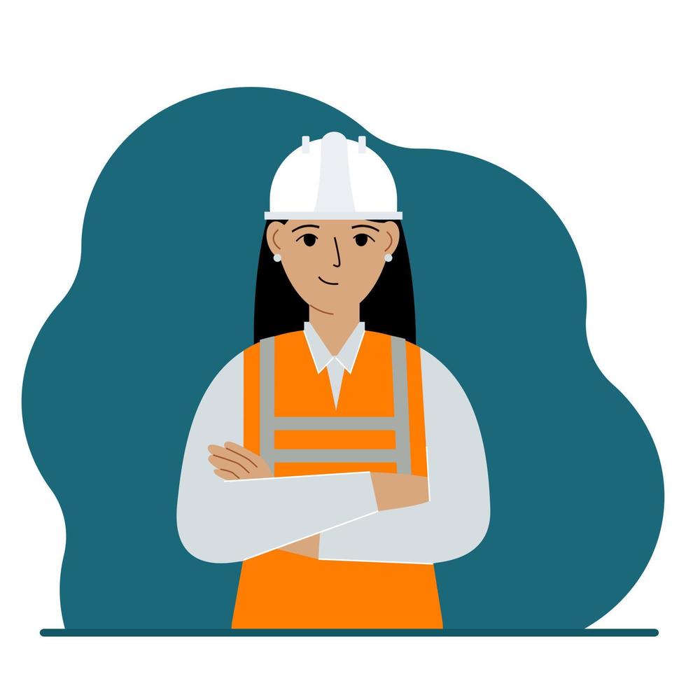 mujer sonriente trabajadora de la construcción con casco blanco y chaleco naranja. ingeniero. ilustración plana vectorial vector