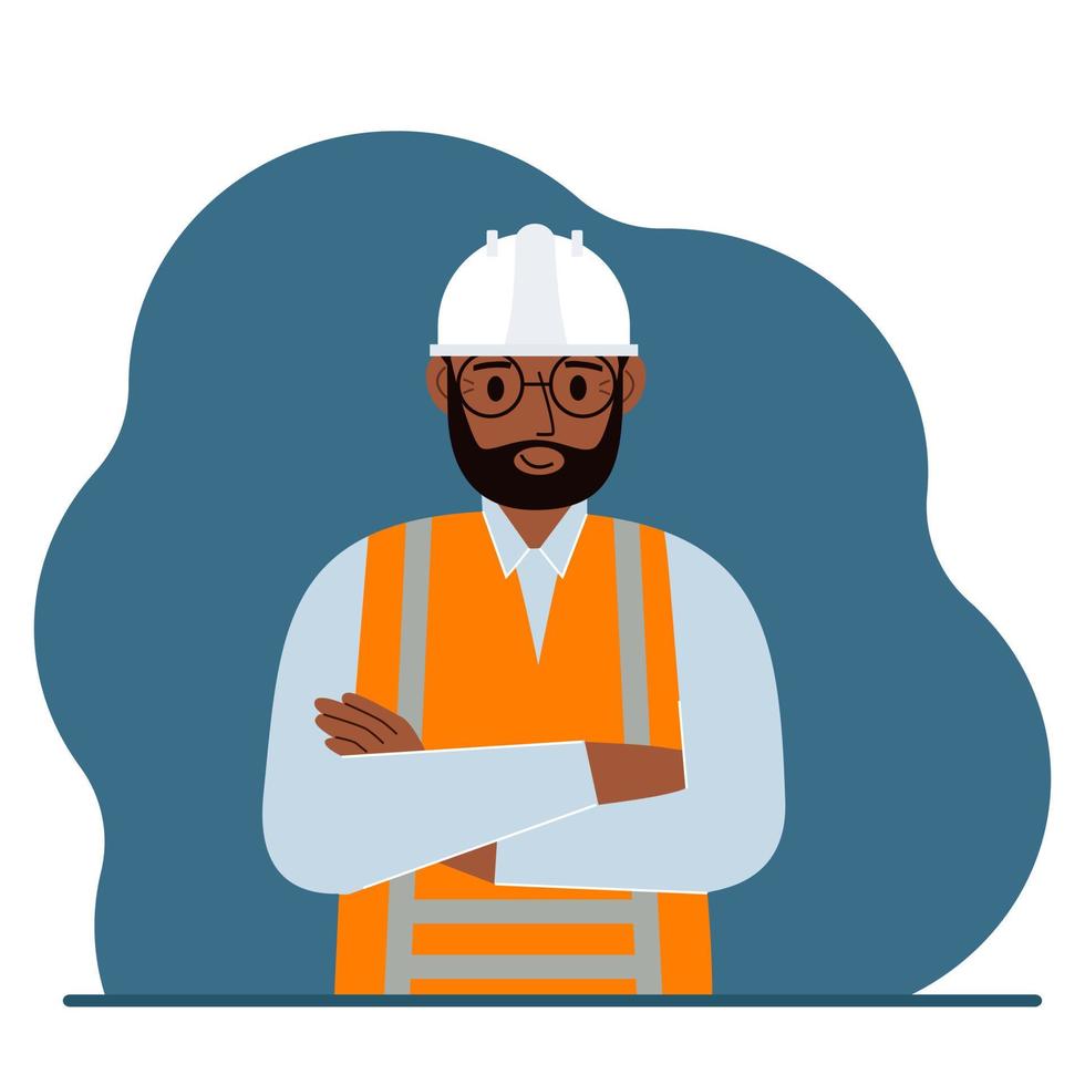 Smiling man construction worker in a white helmet and an orange vest