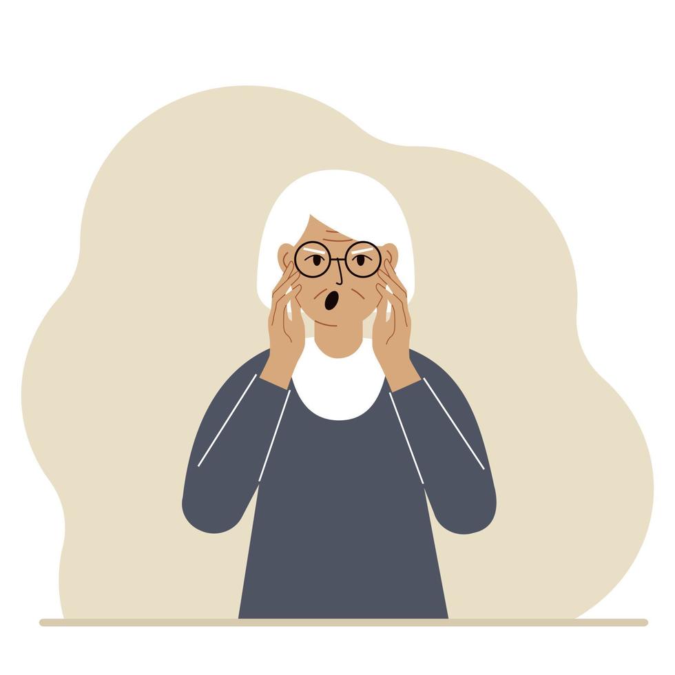 The unhappy grandmother screams, clutching his head with his hands. Vector flat illustration