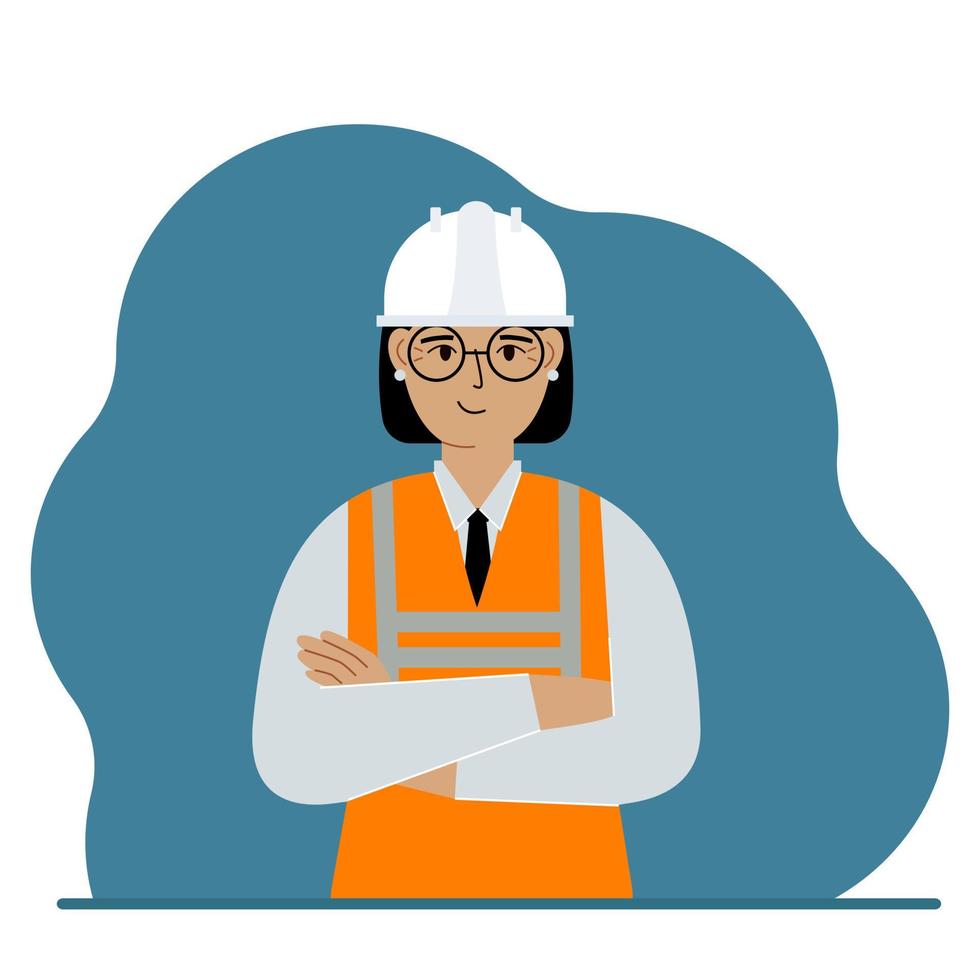 Smiling woman construction worker in a white helmet and an orange vest. Engineer. Vector flat illustration