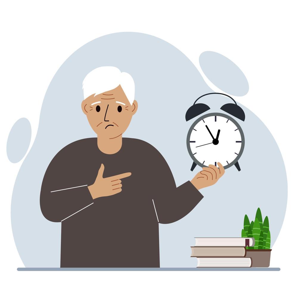 Modern concept of time management illustration. A sad grandfather holds an alarm clock in his hand and the second points to it. Vector flat illustration