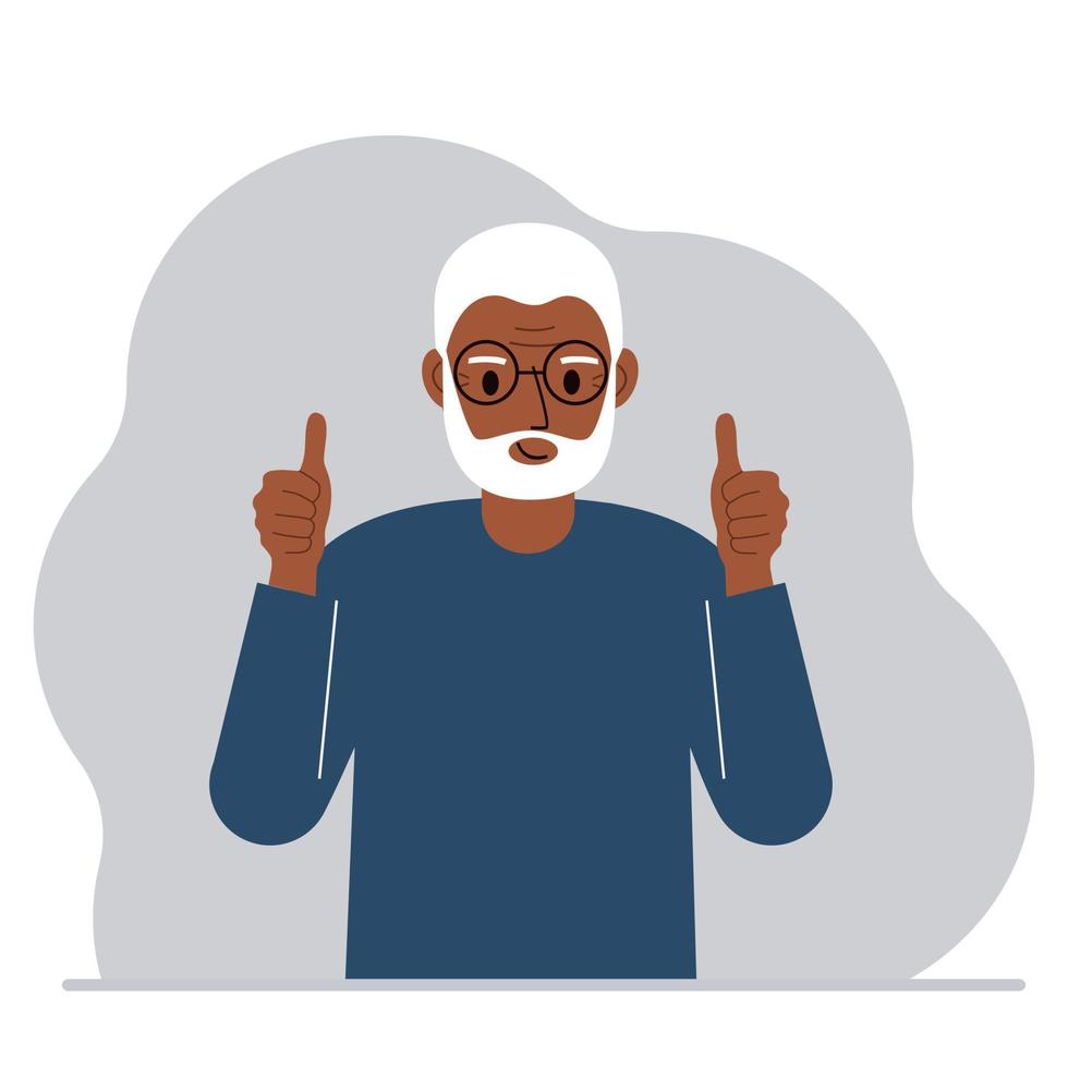 abuelo alegre, con dos manos muestra un pulgar hacia arriba que todo está bien. hacer, consentimiento, aprobación, éxito. ilustración plana vectorial vector