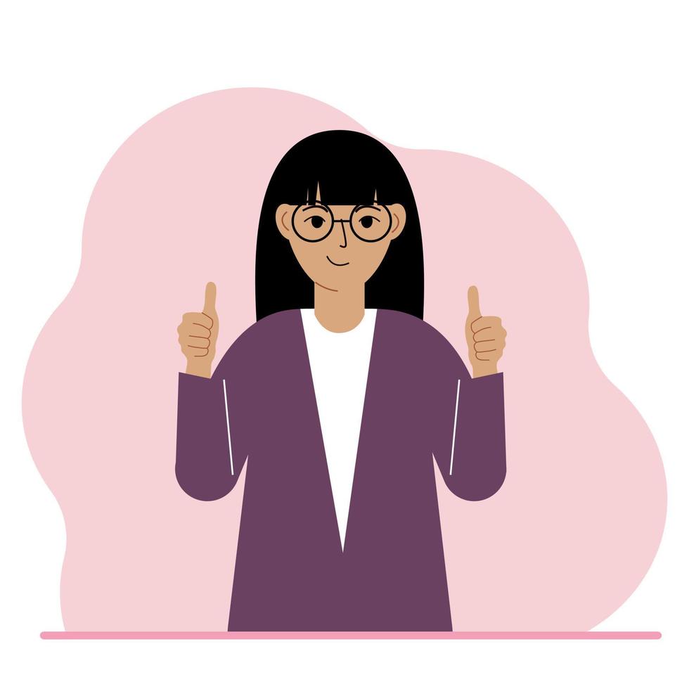 mujer alegre, con dos manos muestra un pulgar hacia arriba que todo está bien. hacer, consentimiento, aprobación, éxito. ilustración plana vectorial vector