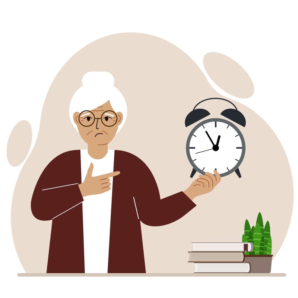 Modern concept of time management illustration. A sad grandmother holds an alarm clock in his hand and the second points to it. Vector flat illustration