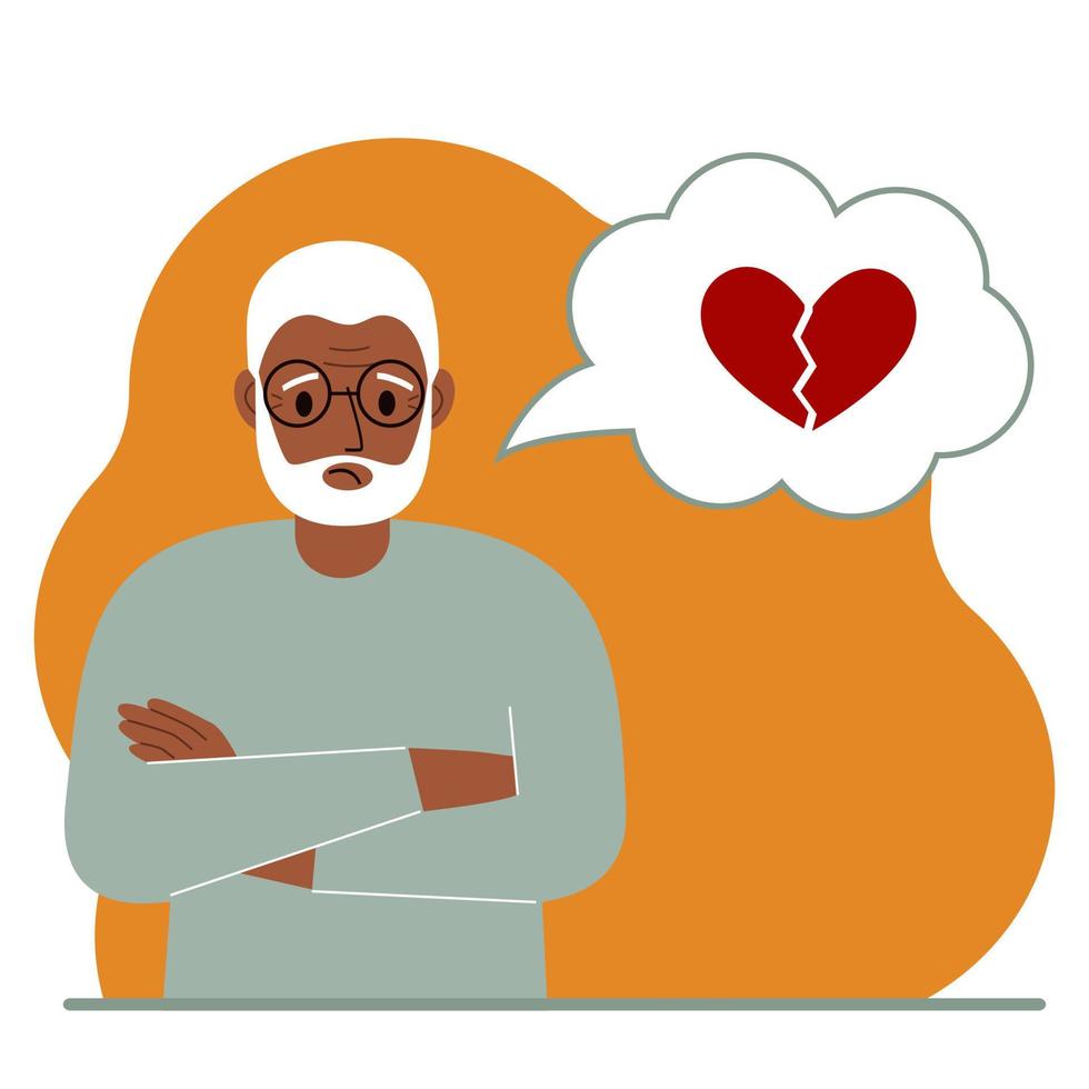 Sad grandfather thinks about love. In a balloon of thought, a red broken heart. The concept of parting and not shared love. Vector flat illustration