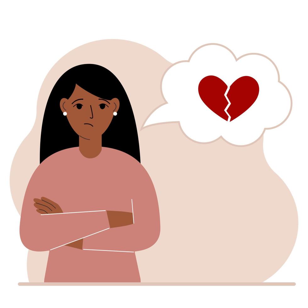 Sad woman thinks about love. In a balloon of thought, a red broken heart. The concept of parting and not shared love. Vector flat illustration